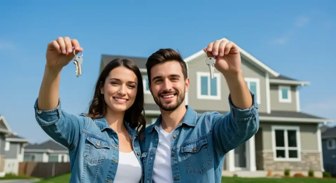 Young Canadian couple holding house keys in front of their new home, symbolizing first-time homeownership.