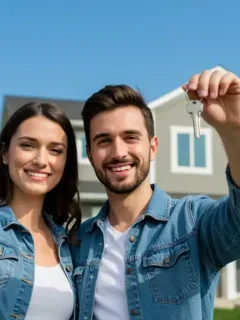 Young Canadian couple holding house keys in front of their new home, symbolizing first-time homeownership.