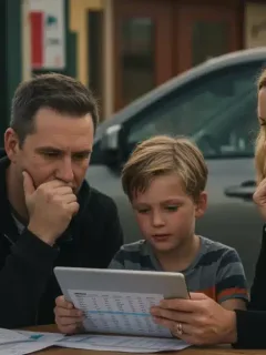 Canadian family reviewing budget, concerned about future carbon tax increase and rising fuel costs.
