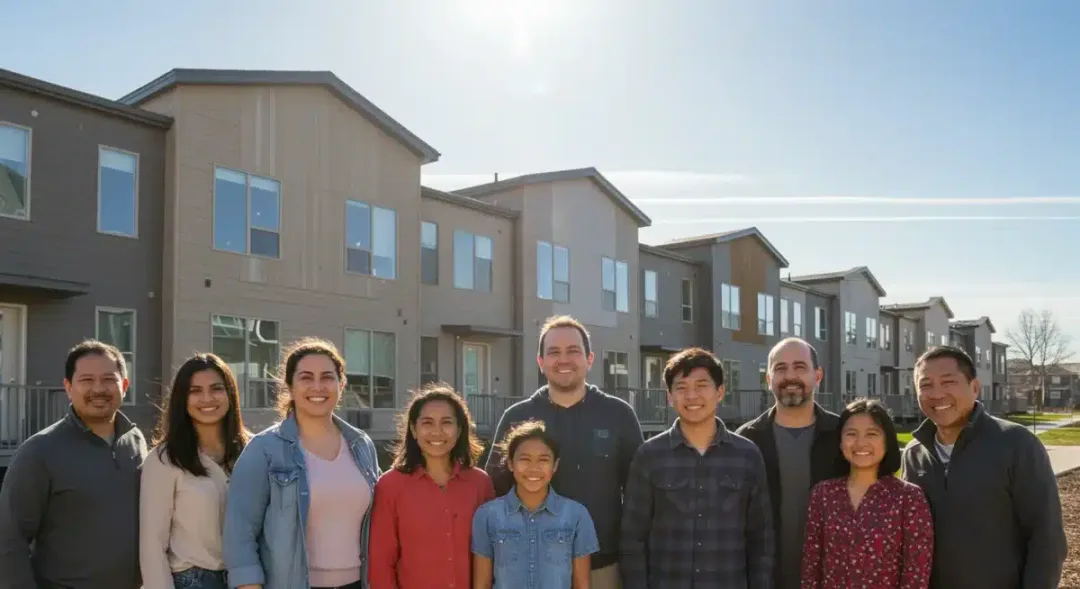 Families and individuals in front of new affordable housing units, symbolizing hope and community in Canada.