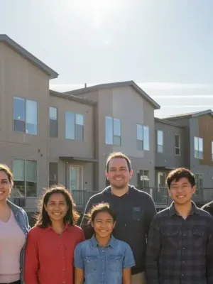 Families and individuals in front of new affordable housing units, symbolizing hope and community in Canada.