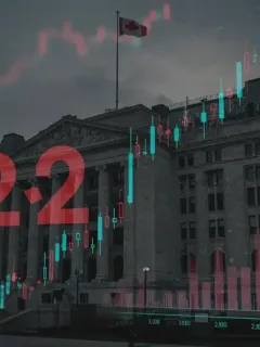 Bank of Canada headquarters with economic charts and a 2% inflation target, representing 2026 projections.