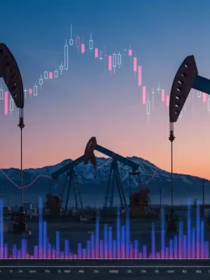 Oil derricks in a Canadian landscape with overlaid financial charts, symbolizing the impact of global oil prices on the Canadian economy.