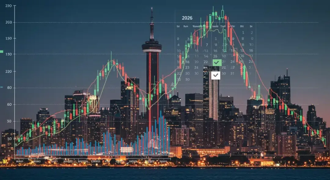 Cryptocurrency market trends with a Canadian skyline and 2026 calendar, reflecting regulatory impact.