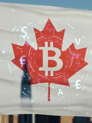 Canadian flag with cryptocurrency symbols representing new regulations in 2026.