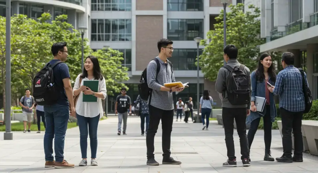 Students on Canadian university campus discussing financial aid for 2026.