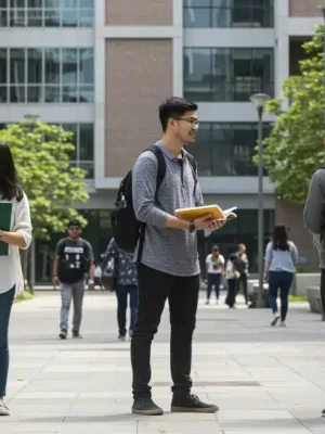 Students on Canadian university campus discussing financial aid for 2026.