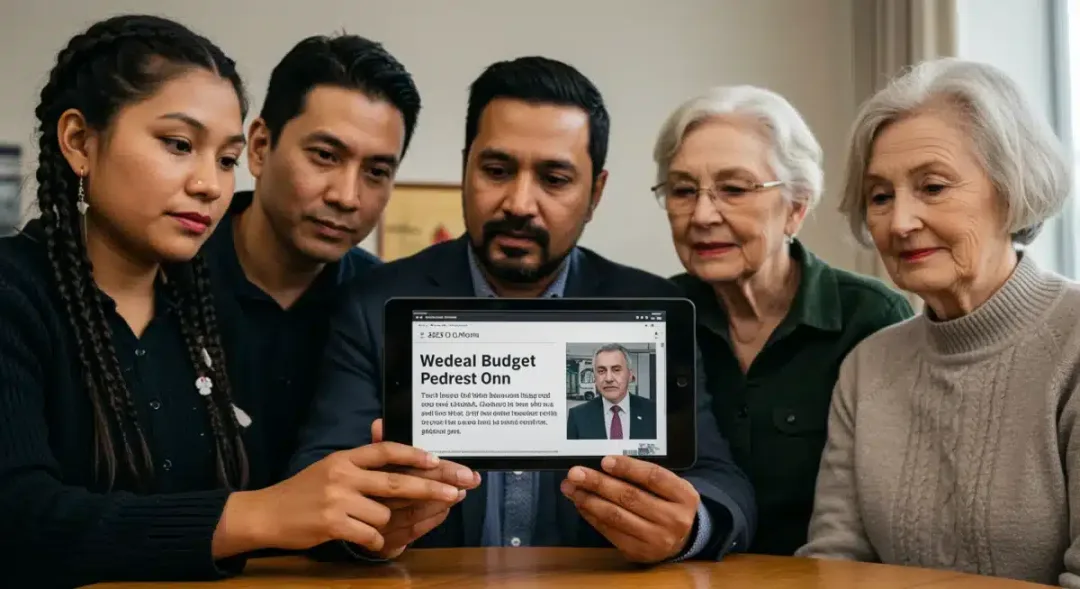 Canadians reviewing economic policy news on a tablet, reflecting budget impacts.
