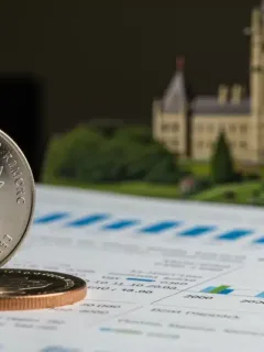 Canadian dollar coin on financial spreadsheet with Parliament in background, symbolizing Federal Budget 2026 impact.