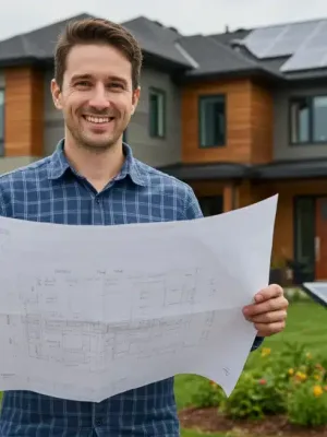 Canadian homeowner with blueprints for green home renovation