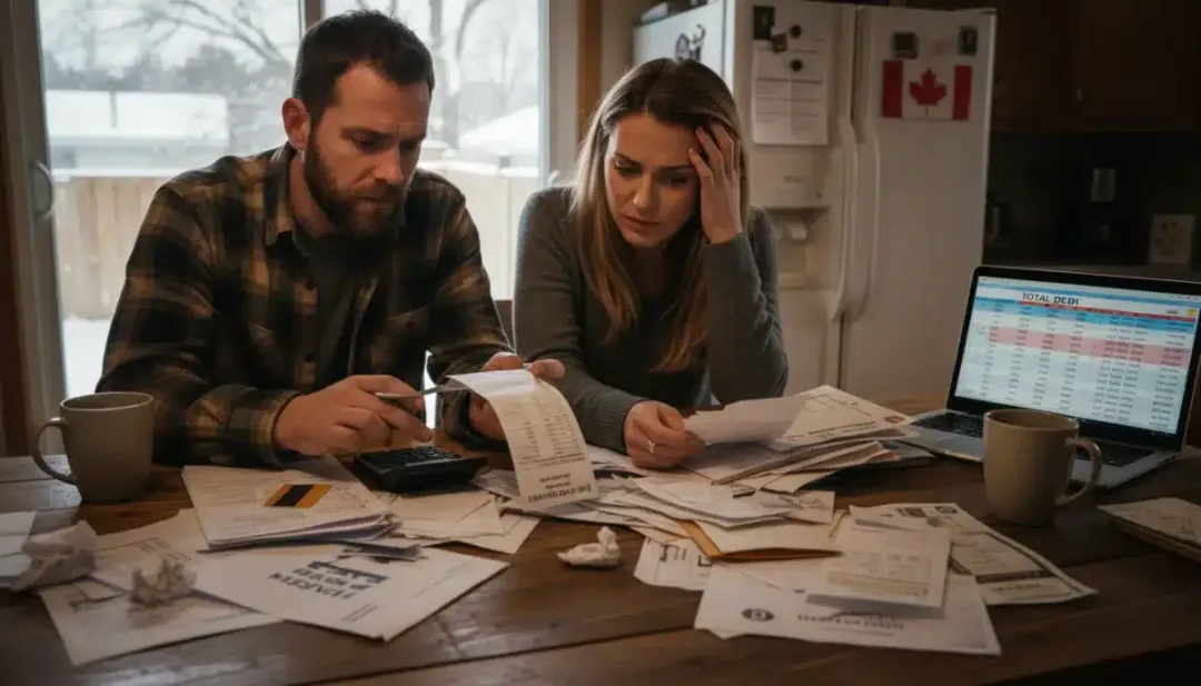 Canadian couple looking stressed while reviewing financial documents and bills.