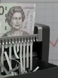 Shredded Canadian twenty-dollar bill symbolizing rising unsecured debt in Canada.