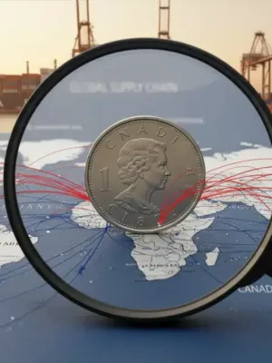 Canadian dollar coin on a world map, representing the impact of global supply chain disruptions on Canadian prices in Q2 2026.