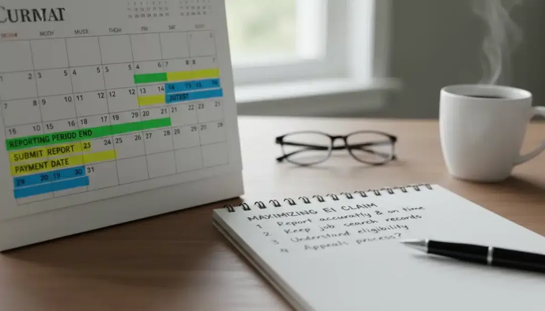 Calendar highlighting EI reporting and payment dates with notes