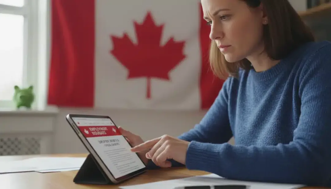 Canadian reviewing EI Regular Benefits 2026 documents on tablet
