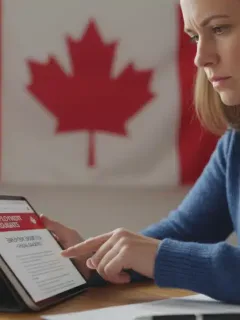 Canadian reviewing EI Regular Benefits 2026 documents on tablet