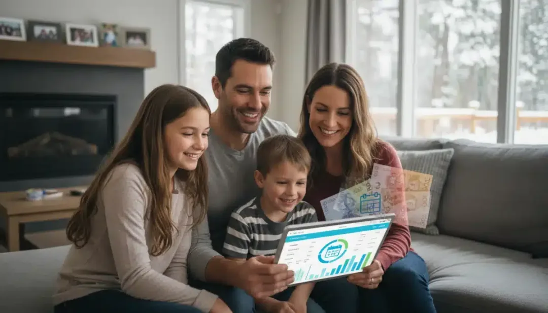 Canadian family reviewing financial information on a tablet, symbolizing GST/HST Credit benefits.