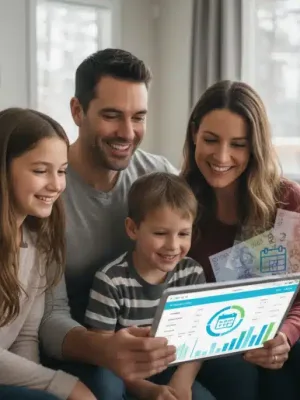 Canadian family reviewing financial information on a tablet, symbolizing GST/HST Credit benefits.