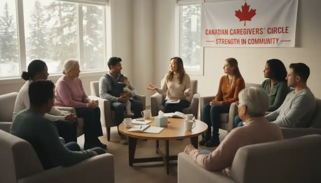 Diverse group of Canadian caregivers in a support group meeting, sharing experiences.