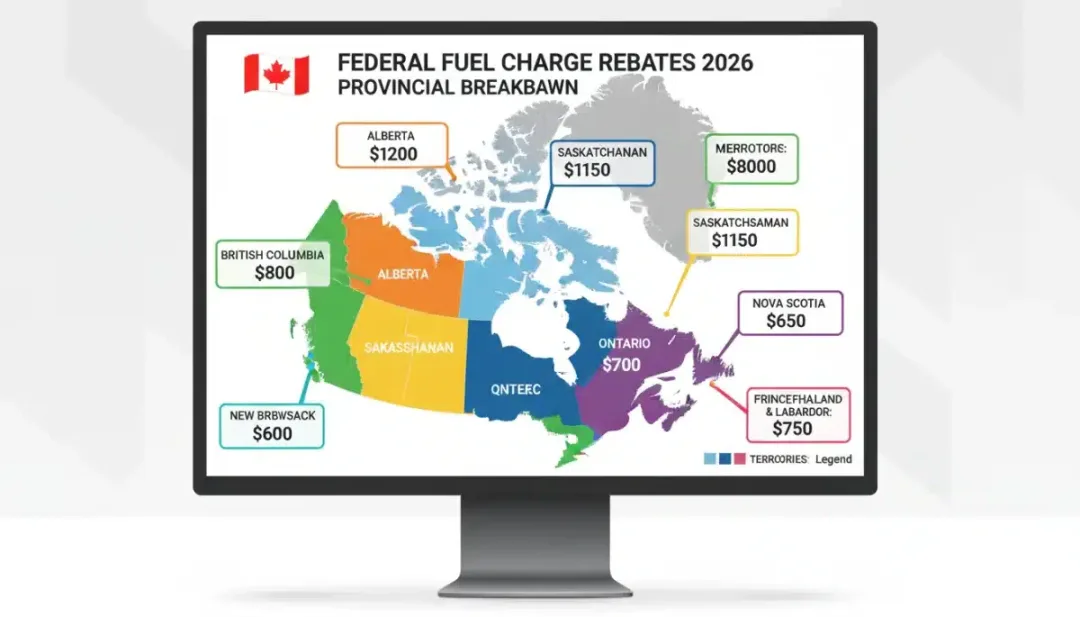 Infographic detailing federal fuel charge rebates by Canadian province for 2026.