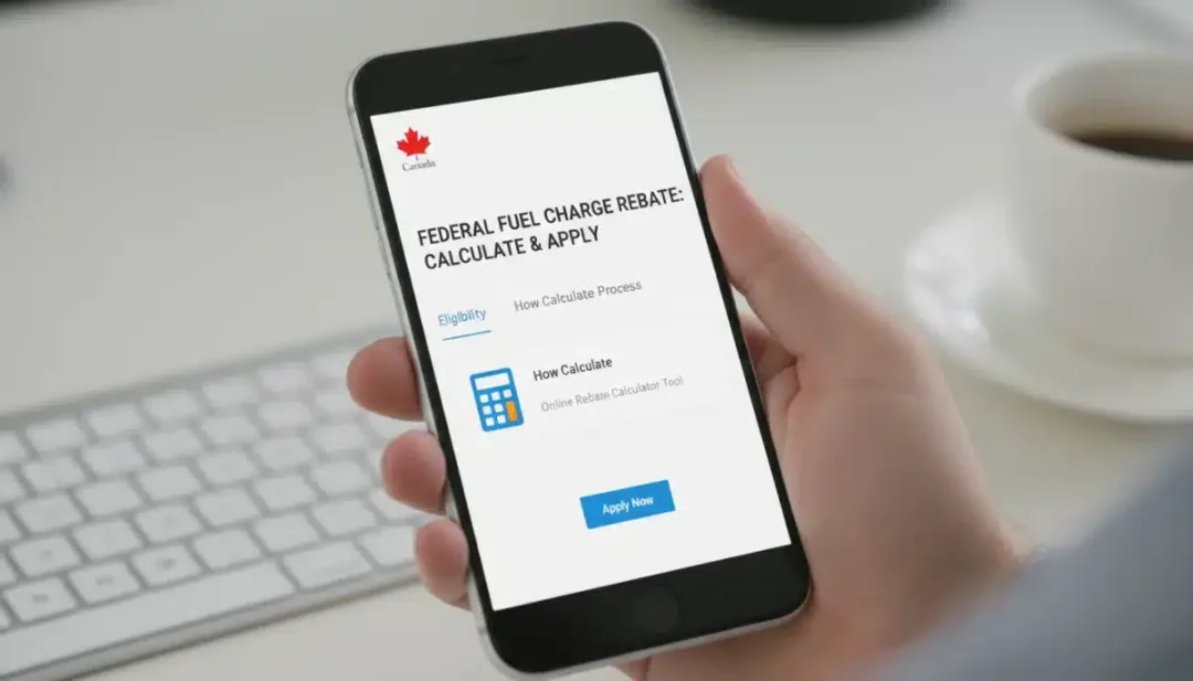 Smartphone displaying government website for calculating federal fuel charge rebates.