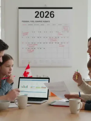 Canadian family reviewing federal fuel charge rebates information for 2026 at home.