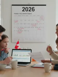 Canadian family reviewing federal fuel charge rebates information for 2026 at home.