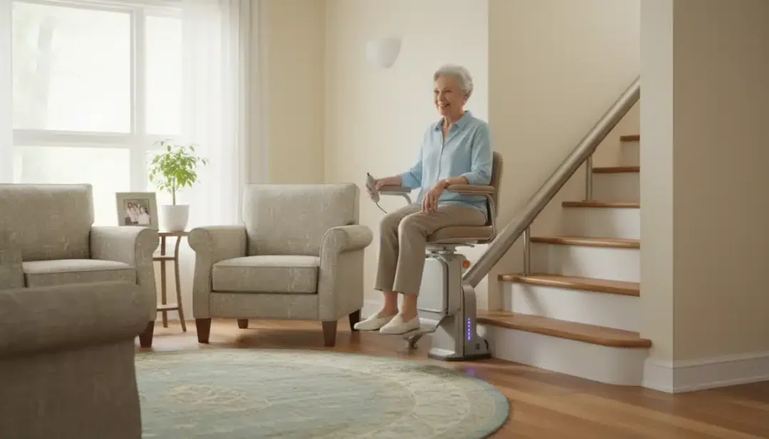 Individual using a modern stairlift in a home, representing HATC 2026 mobility improvements.