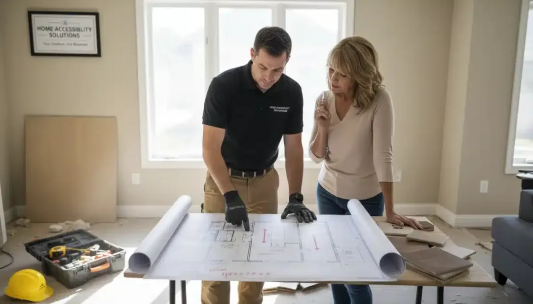 Contractor and homeowner reviewing plans for accessibility renovations, highlighting the planning aspect of HATC 2026.