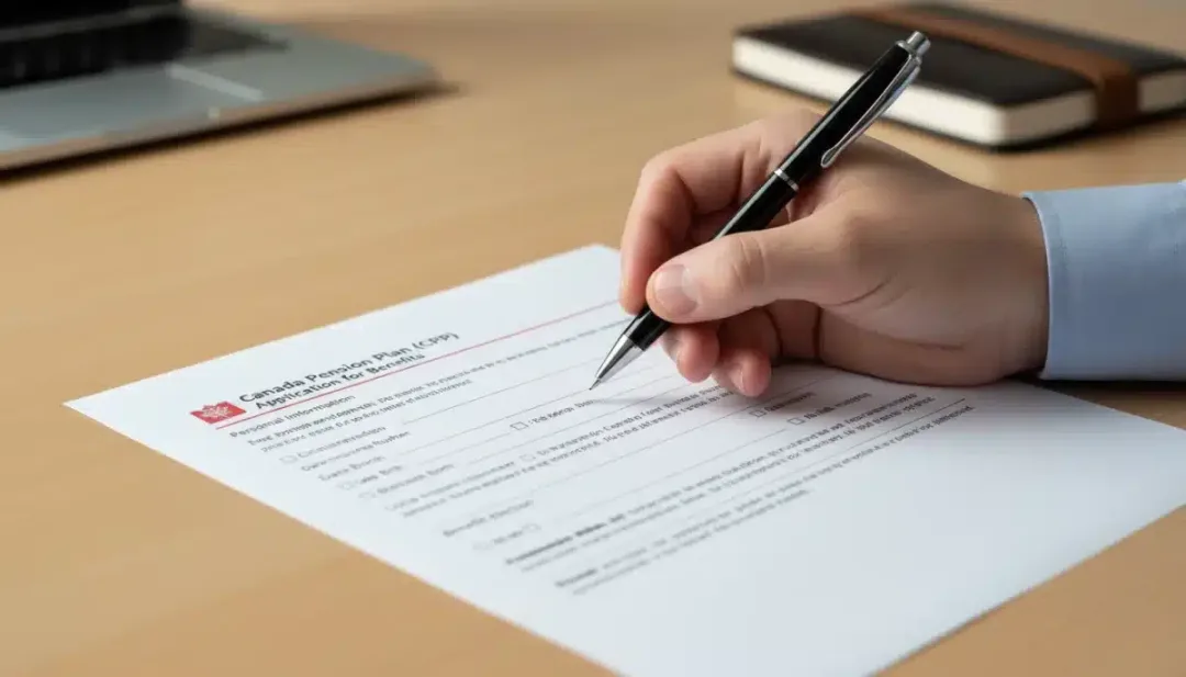 Hand filling out Canada Pension Plan application form, emphasizing the detailed process of applying for CPP benefits.