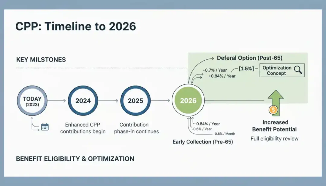 Infographic showing Canada Pension Plan timeline with benefit deferral and optimization strategies for 2026.