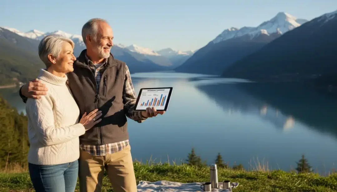 Smiling retired Canadian couple overlooking a serene lake, symbolizing financial security and well-planned retirement.