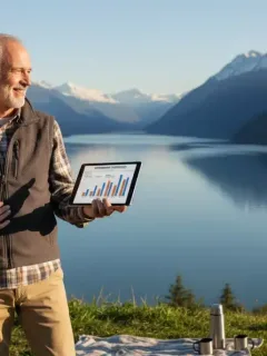 Smiling retired Canadian couple overlooking a serene lake, symbolizing financial security and well-planned retirement.