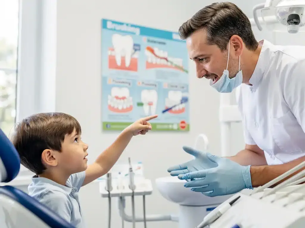 Child receiving dental care advice from a dentist, highlighting preventative dental health.