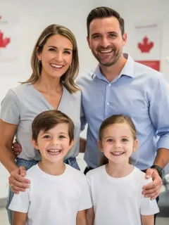 Smiling Canadian family leaving a dental clinic, benefiting from the Canada Dental Benefit.