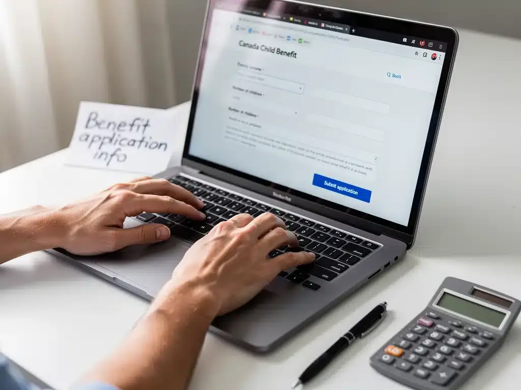 Hands completing an online government benefit application form on a laptop, with a calculator, symbolizing the application process for the Canada Child Benefit.