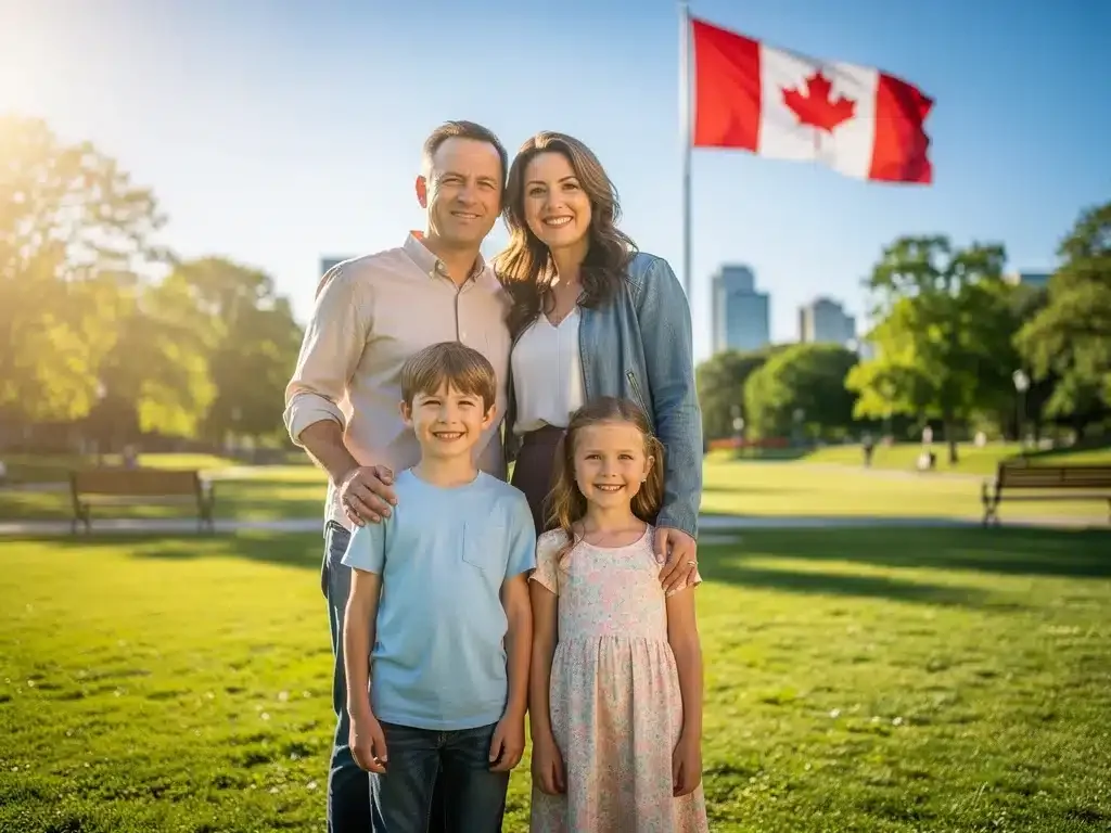 Happy Canadian family, two parents and two children, enjoying a park with a subtle Canadian flag in the background, representing financial well-being and family support.