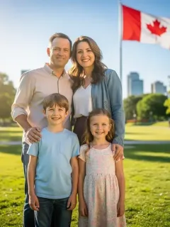 Happy Canadian family, two parents and two children, enjoying a park with a subtle Canadian flag in the background, representing financial well-being and family support.