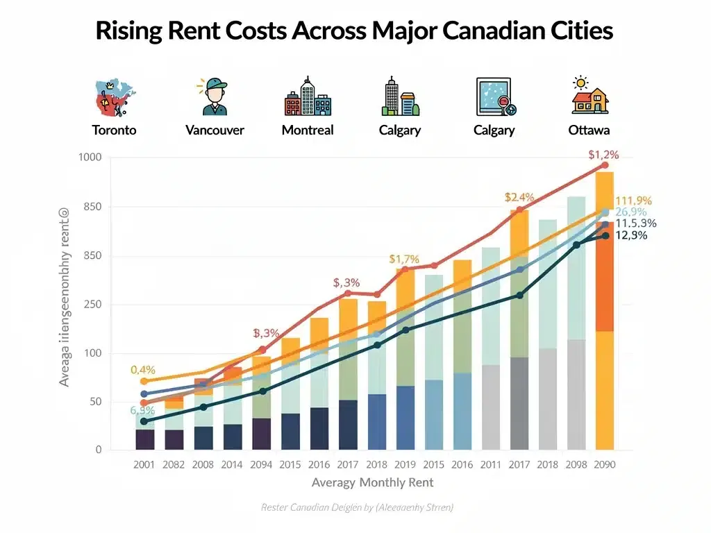 Infographic showing rising rent costs in Canadian cities, highlighting the need for financial aid.