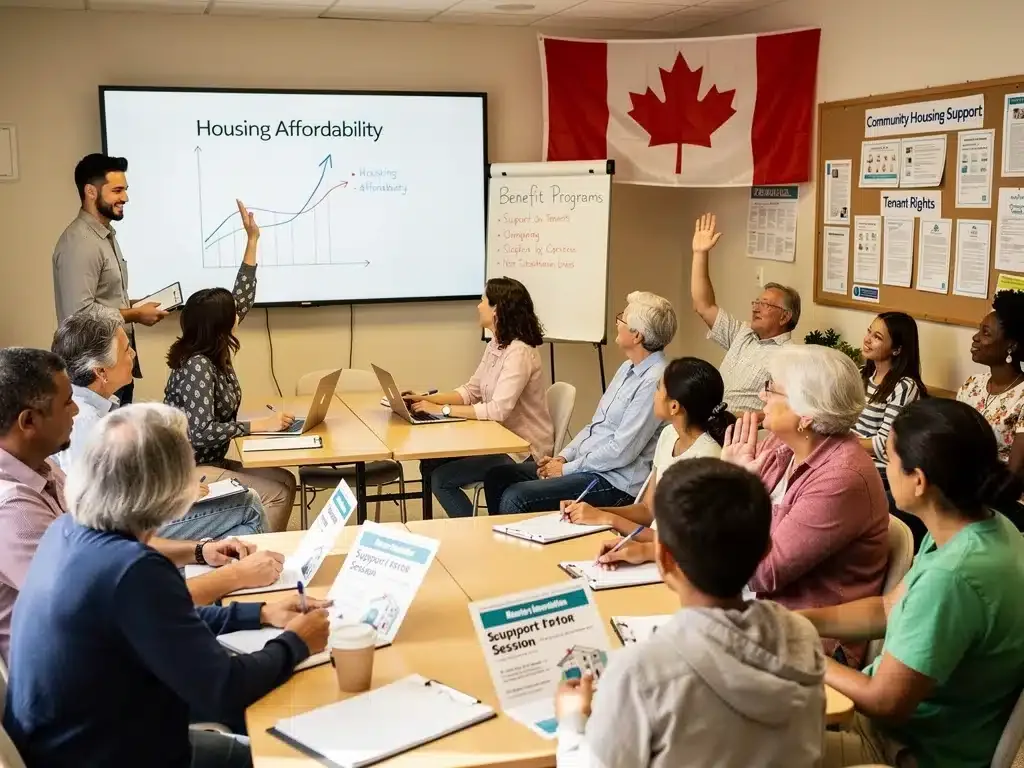 Diverse Canadian renters discussing housing affordability and new benefit programs.