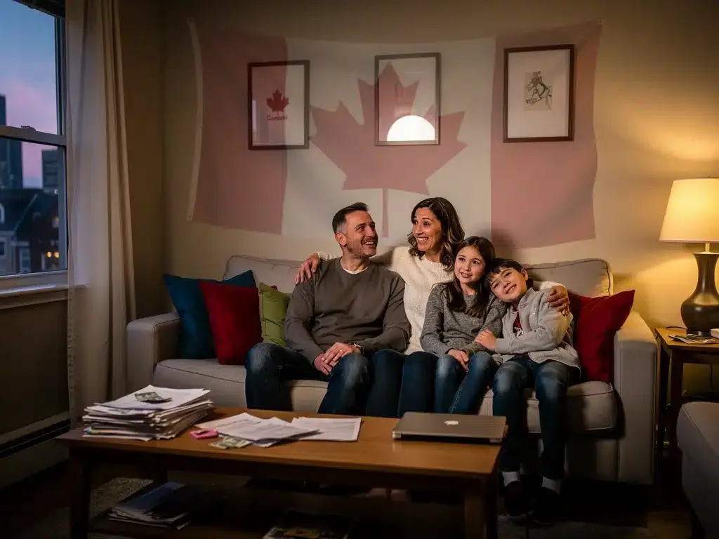 Canadian family relieved in affordable apartment, symbolizing new rent benefit programs