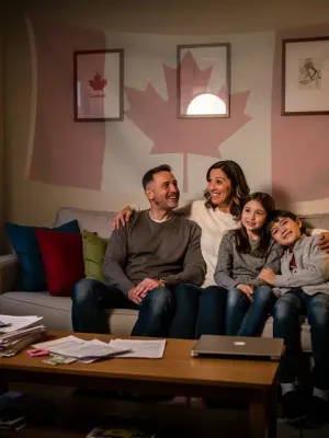 Canadian family relieved in affordable apartment, symbolizing new rent benefit programs