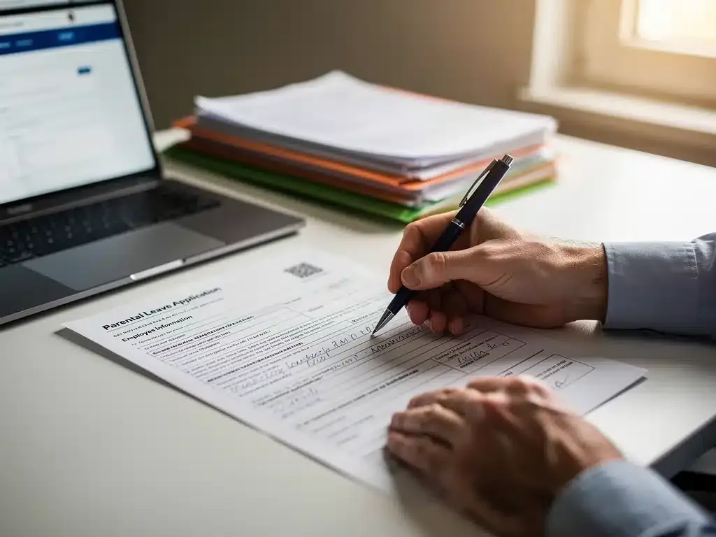 Person filling out application form for Parental Leave Benefits 2026.