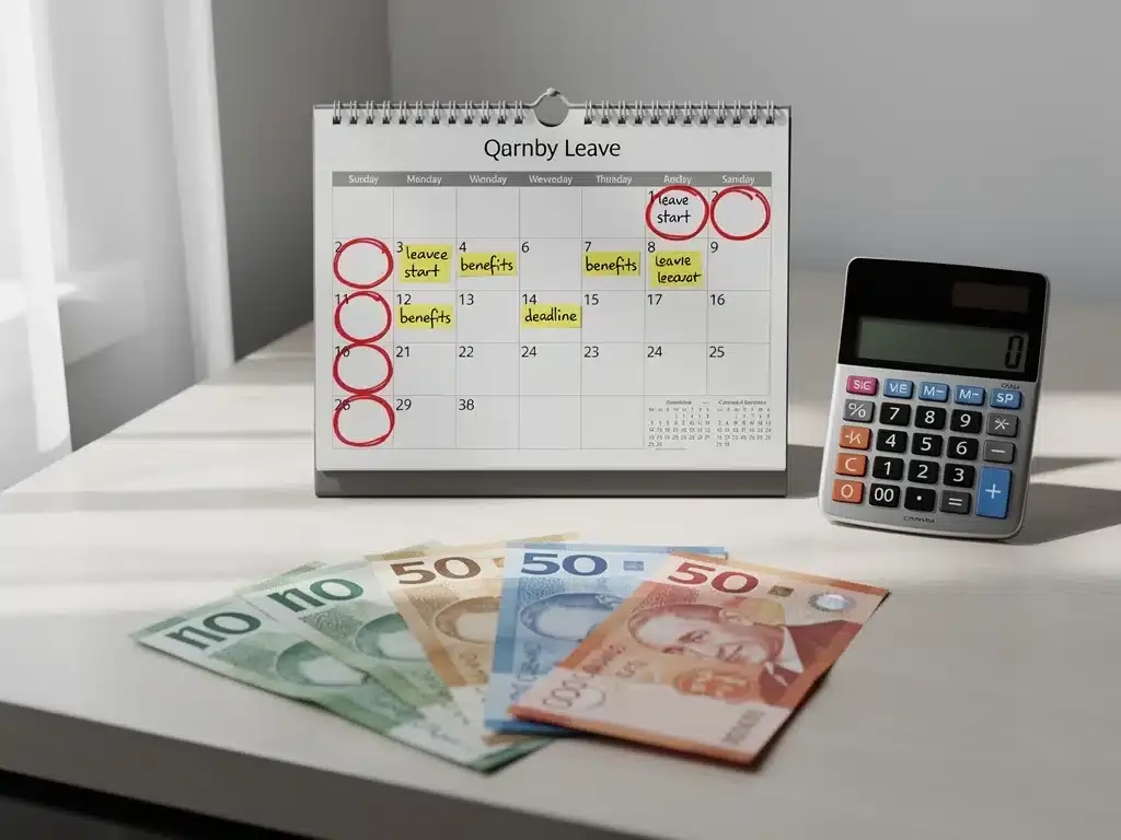 Calendar with important dates and Canadian money for parental leave planning.