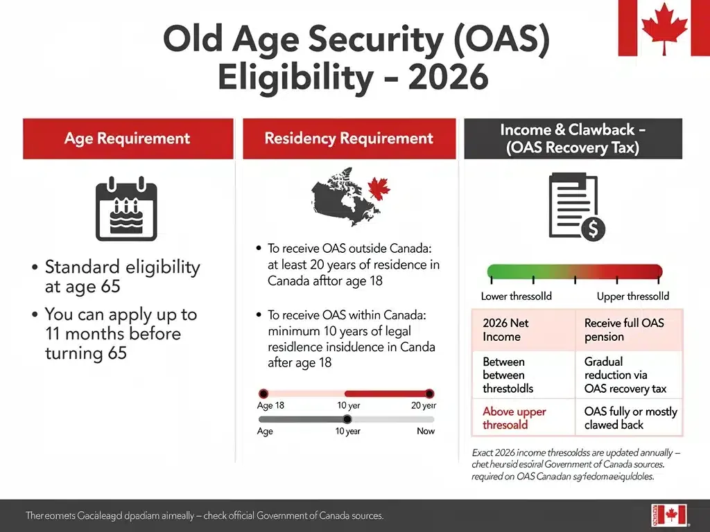 Infographic detailing OAS Benefit 2026 eligibility criteria.