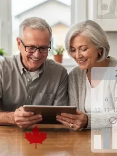 Smiling Canadian seniors reviewing finances, planning for OAS Benefit 2026.