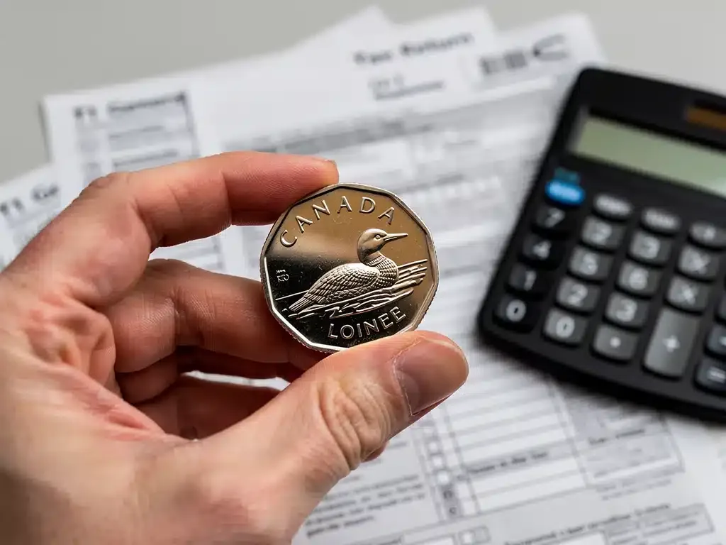 Hand holding Canadian dollar coin with tax documents, representing benefit calculations.