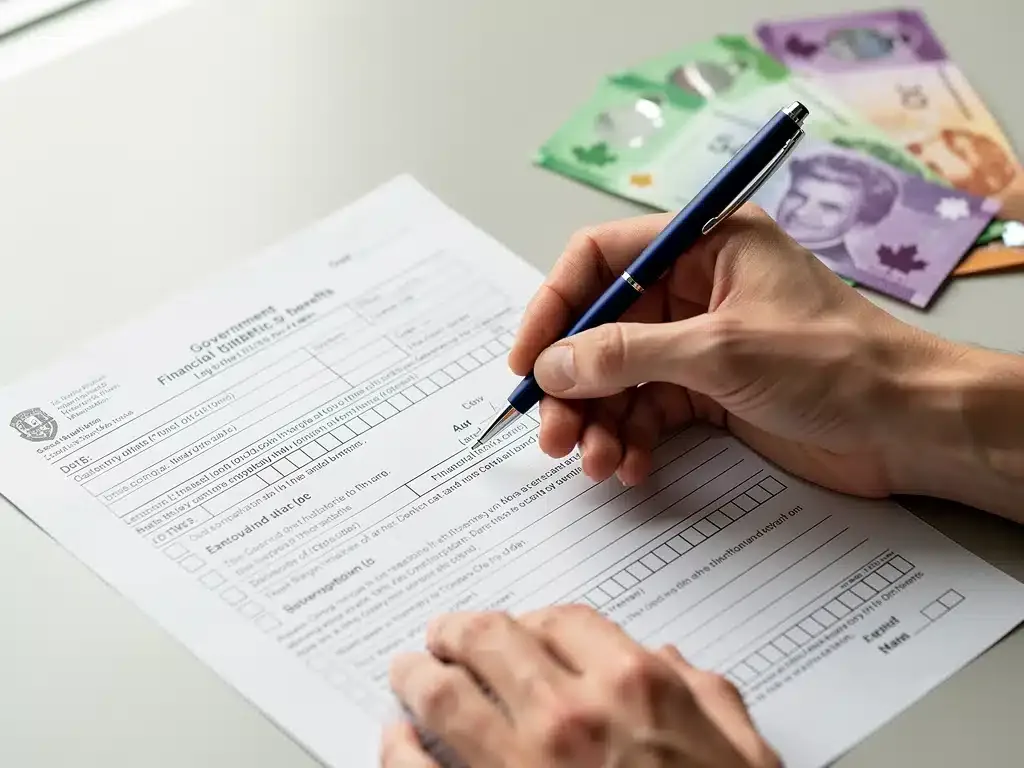 Hands filling out a government application form for Canadian financial benefits.