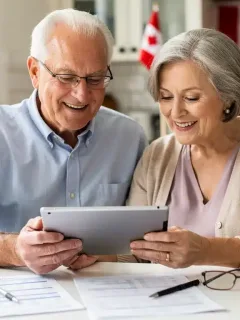 Senior couple reviewing financial documents on a tablet, symbolizing smart retirement planning in Canada.
