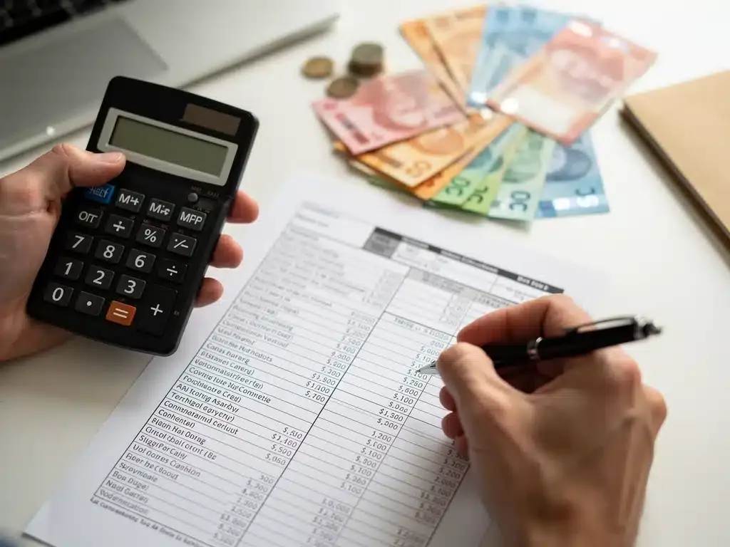 Hands calculating tax credits with Canadian currency, illustrating the Canada Workers Benefit application.